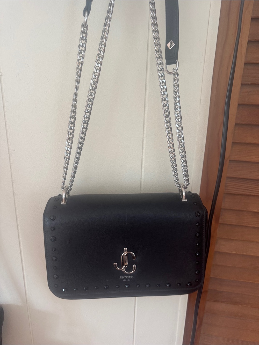 Jimmy Choo Black Leather Shoulder Bag with Silver Chain